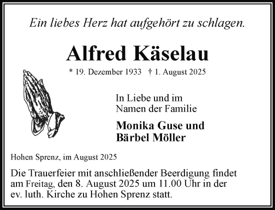 Traueranzeige von Alfred Käselau von Güstrow und Bützow