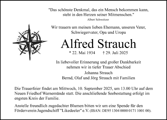 Traueranzeige von Alfred Strauch von Norddeutsche Neueste Nachrichten