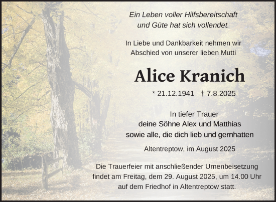 Traueranzeige von Alice Kranich von Nordkurier Neubrandenburger Zeitung