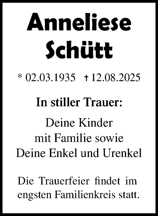 Traueranzeige von Anneliese Schütt von Norddeutsche Neueste Nachrichten