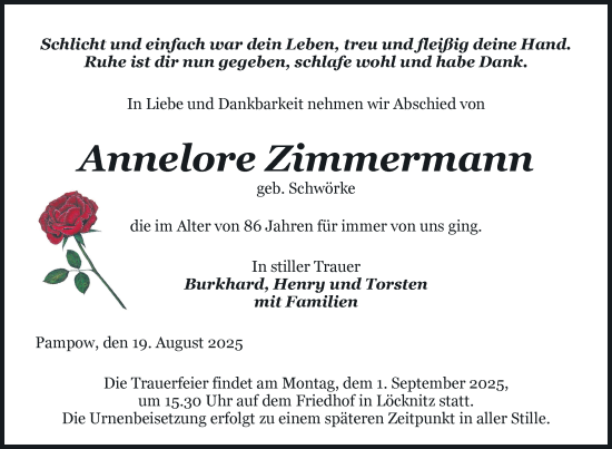 Traueranzeige von Annelore Zimmermann von Nordkurier Pasewalker Zeitung