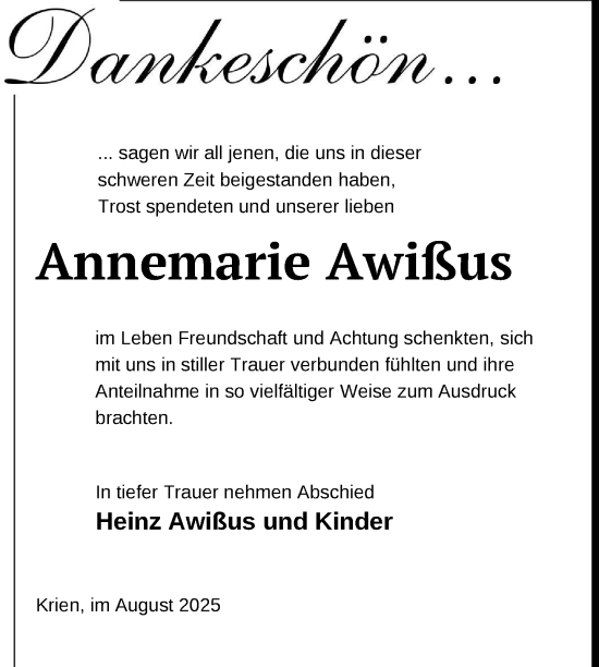 Traueranzeige von Annemarie Awißus von Nordkurier Vorpommern Kurier