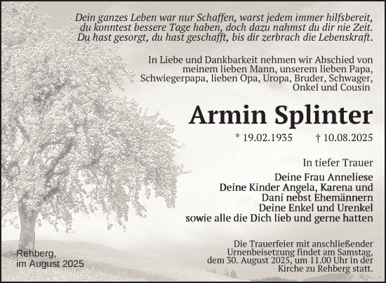 Traueranzeige von Armin Splinter von Nordkurier Strelitzer Zeitung