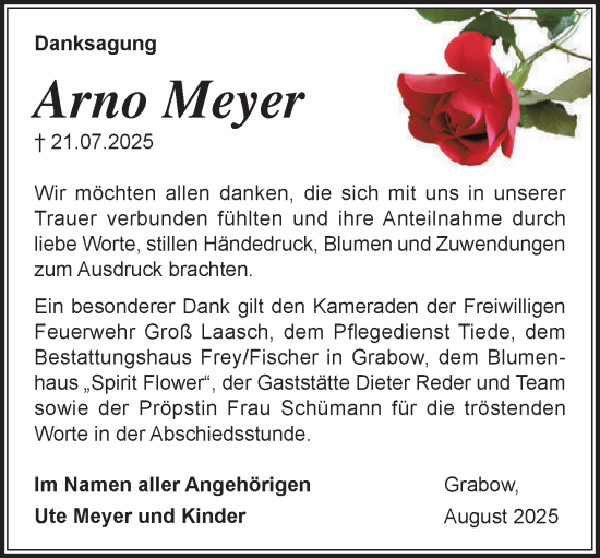 Traueranzeige von Arno Meyer von Ludwigsluster Tageblatt
