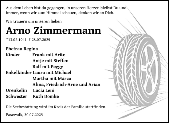 Traueranzeige von Arno Zimmermann von Nordkurier Pasewalker Zeitung