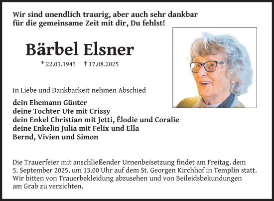 Traueranzeige von Bärbel Elsner von Uckermark Kurier Templiner Zeitung