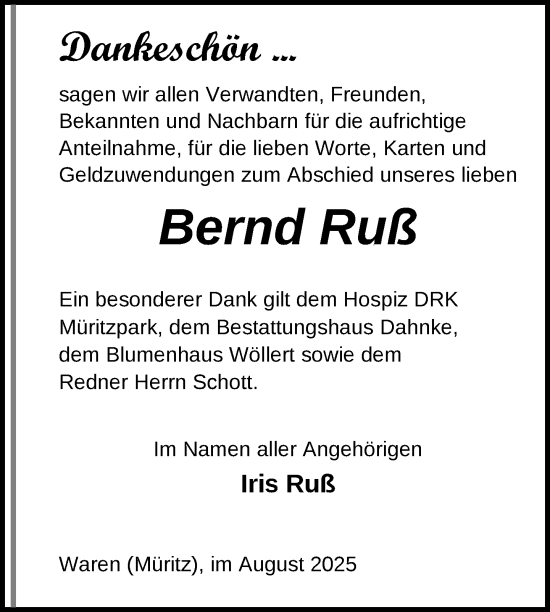 Traueranzeige von Bernd Ruß von Nordkurier Müritz-Zeitung