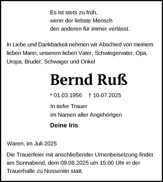 Traueranzeige von Bernd Ruß von Nordkurier Müritz-Zeitung