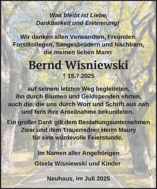 Traueranzeige von Bernd Wisniewski von Hagenower Kreisblatt