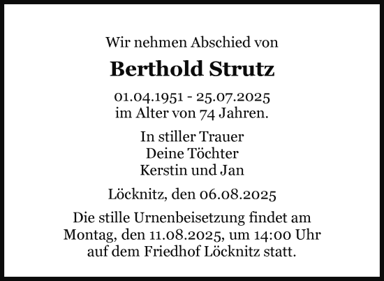Traueranzeige von Berthold Strutz von Nordkurier Pasewalker Zeitung