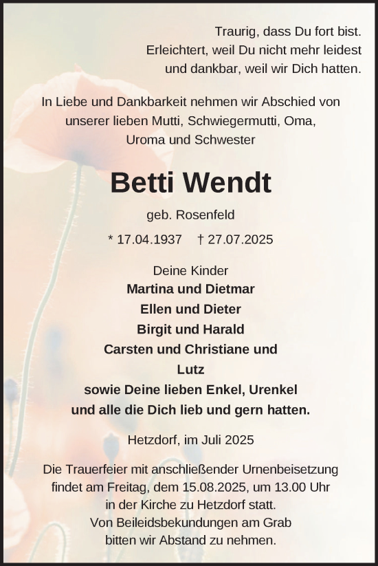Traueranzeige von Betti Wendt von Nordkurier Strelitzer Zeitung