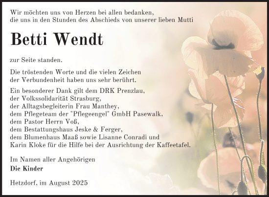 Traueranzeige von Betti Wendt von Uckermark Kurier Prenzlauer Zeitung