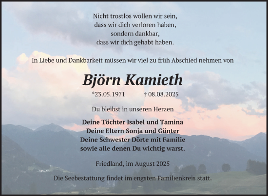 Traueranzeige von Björn Kamieth von Nordkurier Neubrandenburger Zeitung