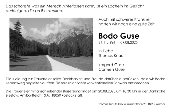 Traueranzeige von Bodo Guse von Der Prignitzer