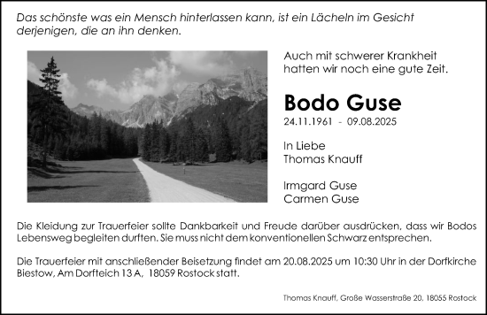 Traueranzeige von Bodo Guse von Norddeutsche Neueste Nachrichten
