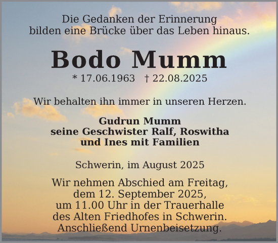 Traueranzeige von Bodo Mumm von Zeitung für die Landeshauptstadt
