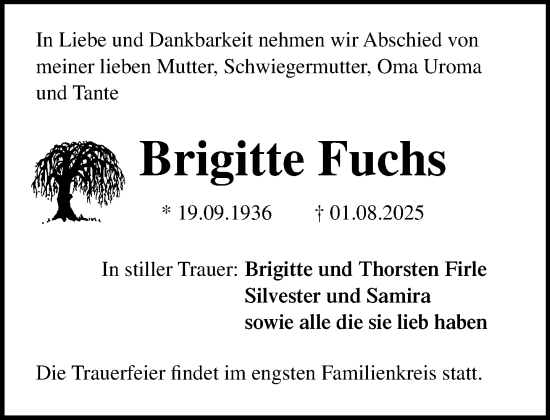 Traueranzeige von Brigitte Fuchs von Norddeutsche Neueste Nachrichten