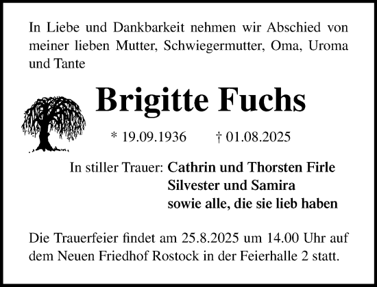 Traueranzeige von Brigitte Fuchs von Norddeutsche Neueste Nachrichten