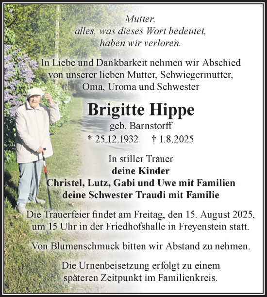 Traueranzeige von Brigitte Hippe von Nordkurier Müritz-Zeitung