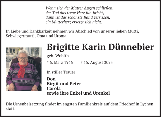 Traueranzeige von Brigitte Karin Dünnebier von Uckermark Kurier Templiner Zeitung