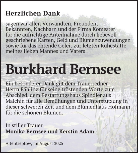 Traueranzeige von Burkhard Bernsee von Nordkurier Neubrandenburger Zeitung