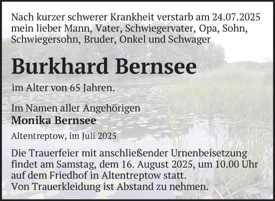 Traueranzeige von Burkhard Bernsee von Nordkurier Neubrandenburger Zeitung