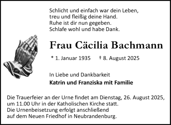 Traueranzeige von Cäcilia Bachmann von Nordkurier Neubrandenburger Zeitung