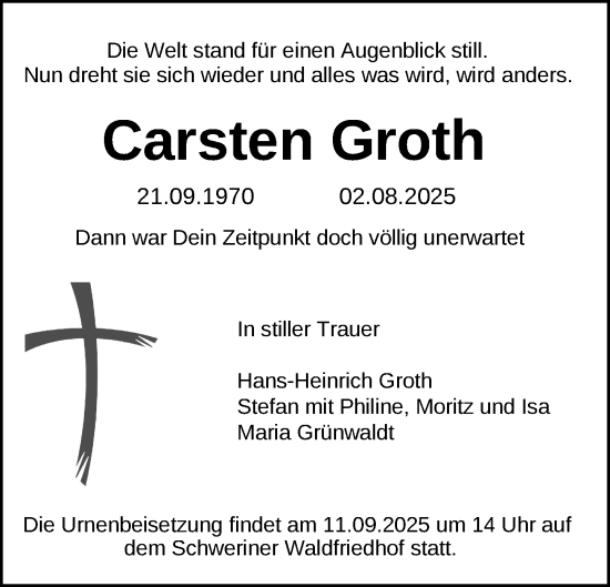 Traueranzeige von Carsten Groth von Zeitung für die Landeshauptstadt