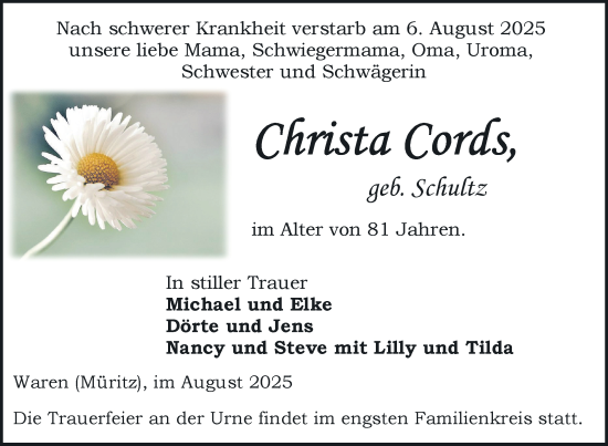 Traueranzeige von Christa Cords von Nordkurier Strelitzer Zeitung