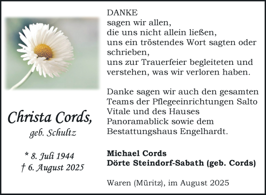 Traueranzeige von Christa Cords von Nordkurier Müritz-Zeitung
