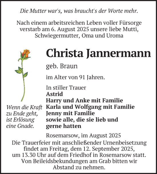 Traueranzeige von Christa Jannermann von Nordkurier Neubrandenburger Zeitung