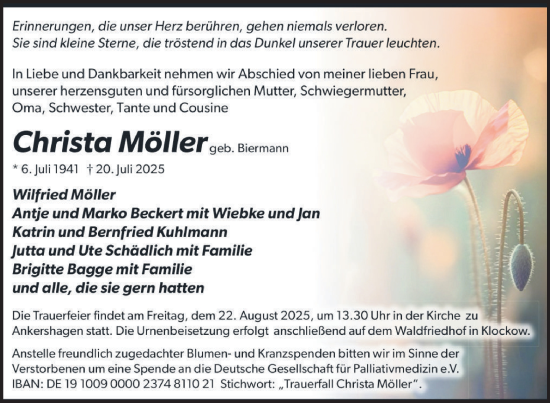 Traueranzeige von Christa Möller von Nordkurier Müritz-Zeitung
