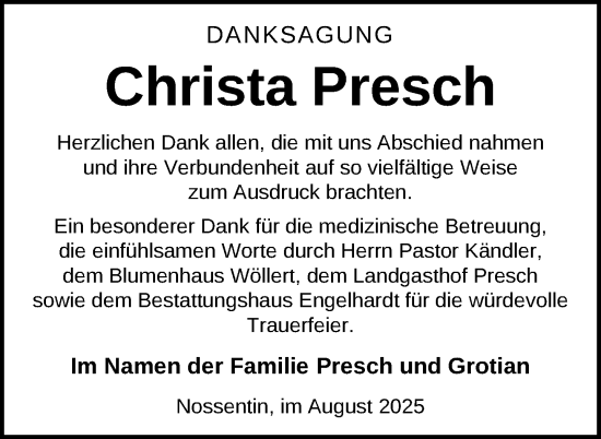 Traueranzeige von Christa Presch von Nordkurier Müritz-Zeitung
