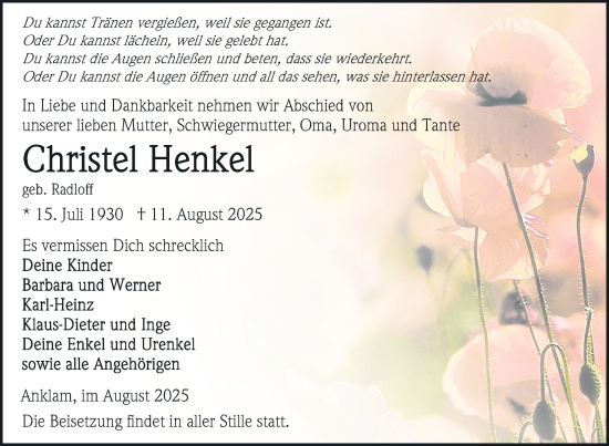 Traueranzeige von Christel Henkel von Nordkurier Vorpommern Kurier