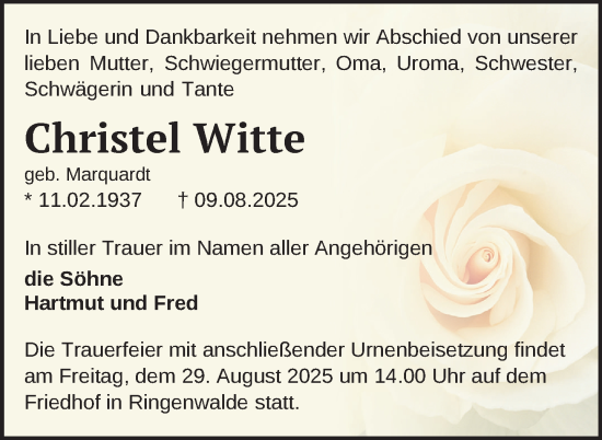 Traueranzeige von Christel Witte von Uckermark Kurier Templiner Zeitung