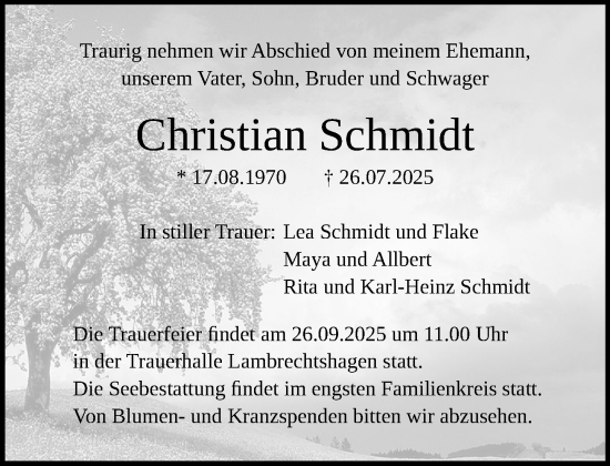 Traueranzeige von Christian Schmidt von Norddeutsche Neueste Nachrichten