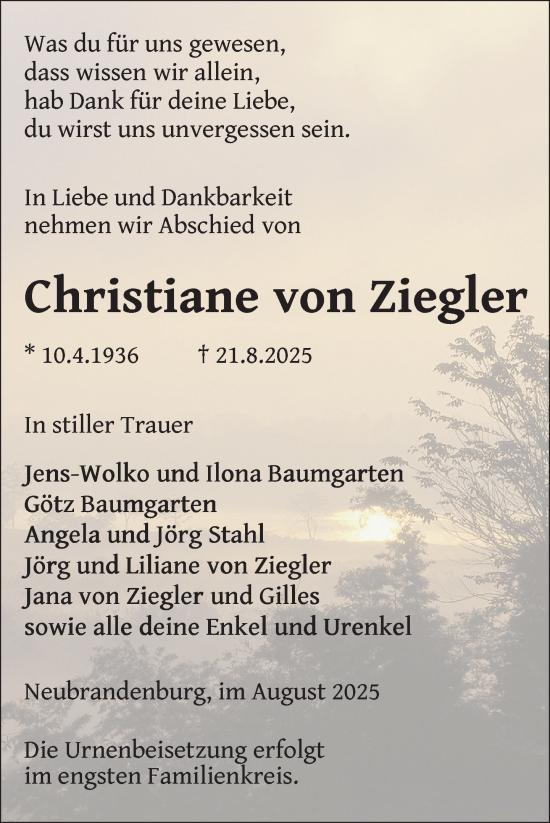 Traueranzeige von Christiane von Ziegler von Nordkurier Neubrandenburger Zeitung