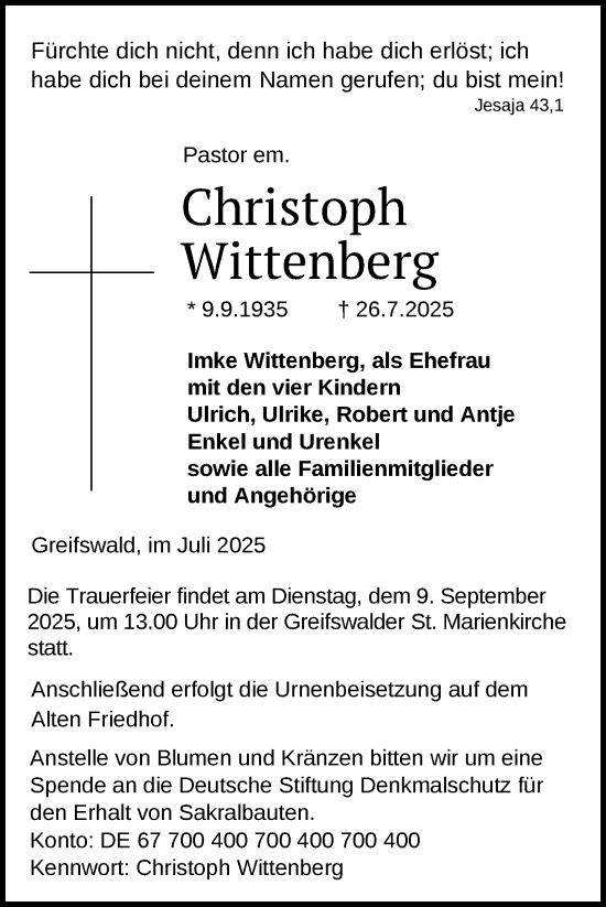 Traueranzeige von Christoph Wittenberg von Nordkurier Pasewalker Zeitung