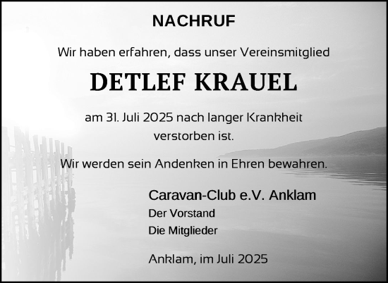 Traueranzeige von Detlef Krauel von Nordkurier Vorpommern Kurier