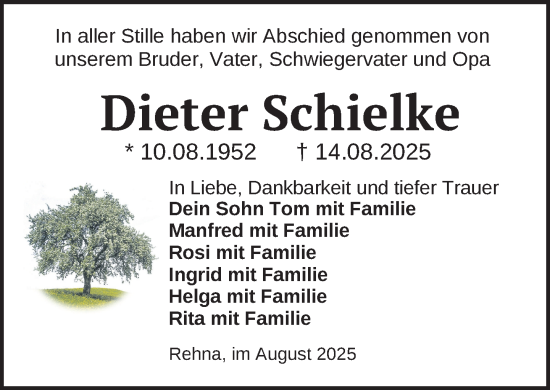 Traueranzeige von Dieter Schielke von Gadebusch - Rehnaer Zeitung