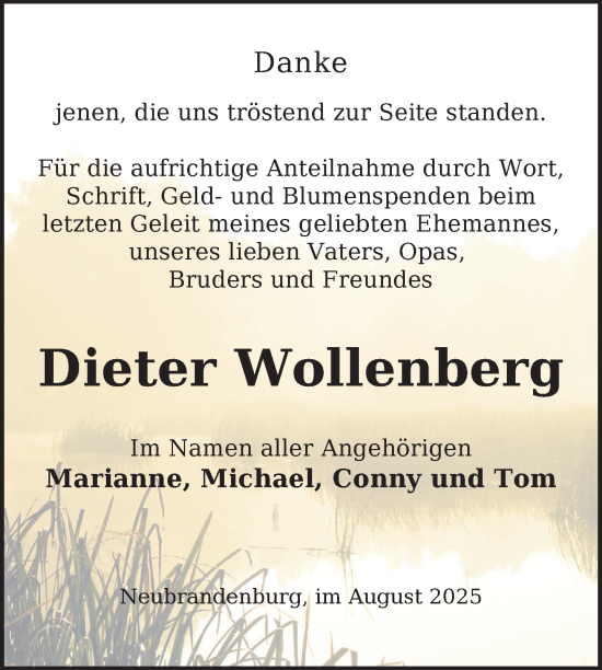 Traueranzeige von Dieter Wollenberg von Nordkurier Neubrandenburger Zeitung