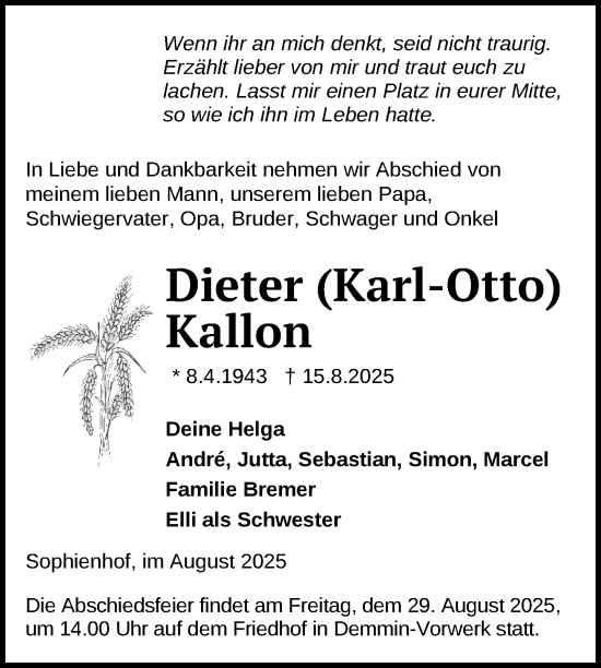Traueranzeige von Dieter Karl-Otto  Kallon von Nordkurier Vorpommern Kurier
