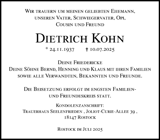 Traueranzeige von Dietrich Kohn von Norddeutsche Neueste Nachrichten