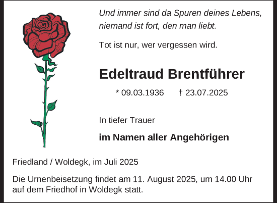 Traueranzeige von Edeltraud Brentführer von Nordkurier Neubrandenburger Zeitung
