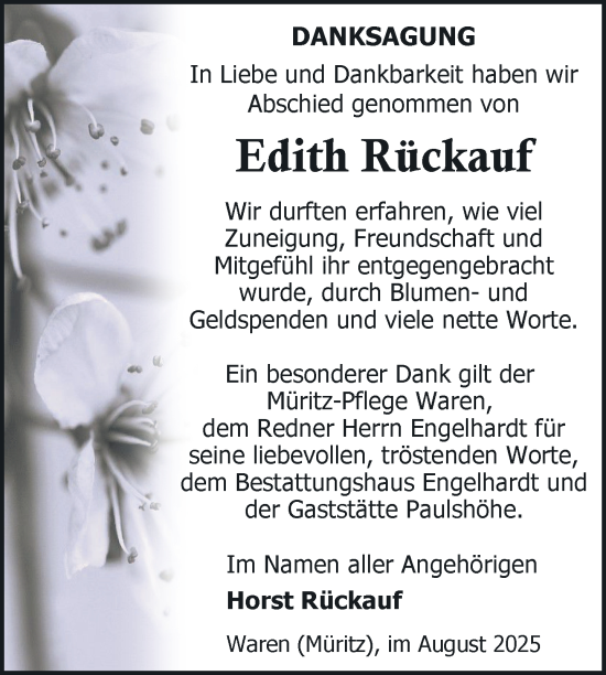 Traueranzeige von Edith Rückauf von Nordkurier Müritz-Zeitung
