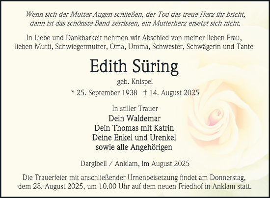 Traueranzeige von Edith Süring von Nordkurier Vorpommern Kurier