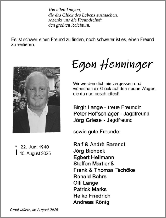 Traueranzeige von Egon Henninger von Norddeutsche Neueste Nachrichten