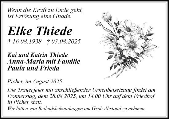 Traueranzeige von Elke Thiede von Hagenower Kreisblatt