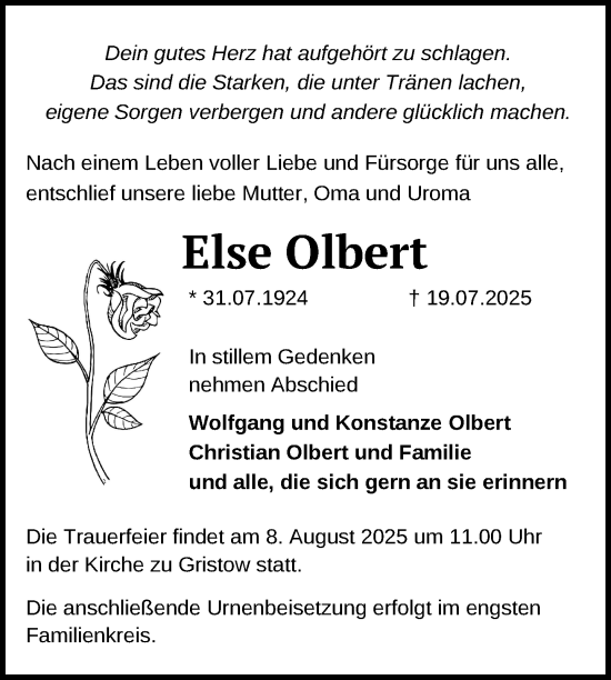 Traueranzeige von Else Olbert von Nordkurier Neubrandenburger Zeitung