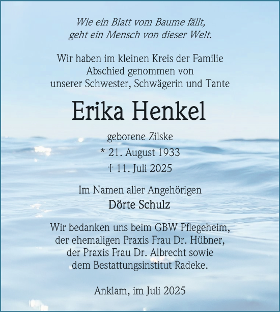 Traueranzeige von Erika Henkel von Nordkurier Vorpommern Kurier